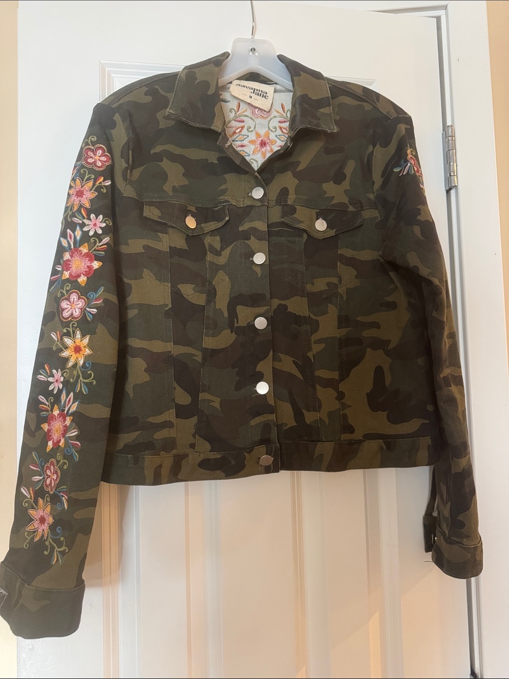 Savanna Jane Olive Camo Jean Jacket with Embroidered Floral Sleeves